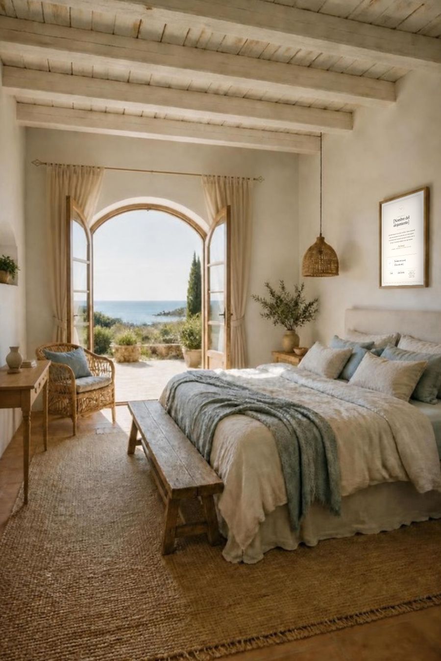 Dormitorio de estilo mediterráneo, cal blanca y vigas de madera