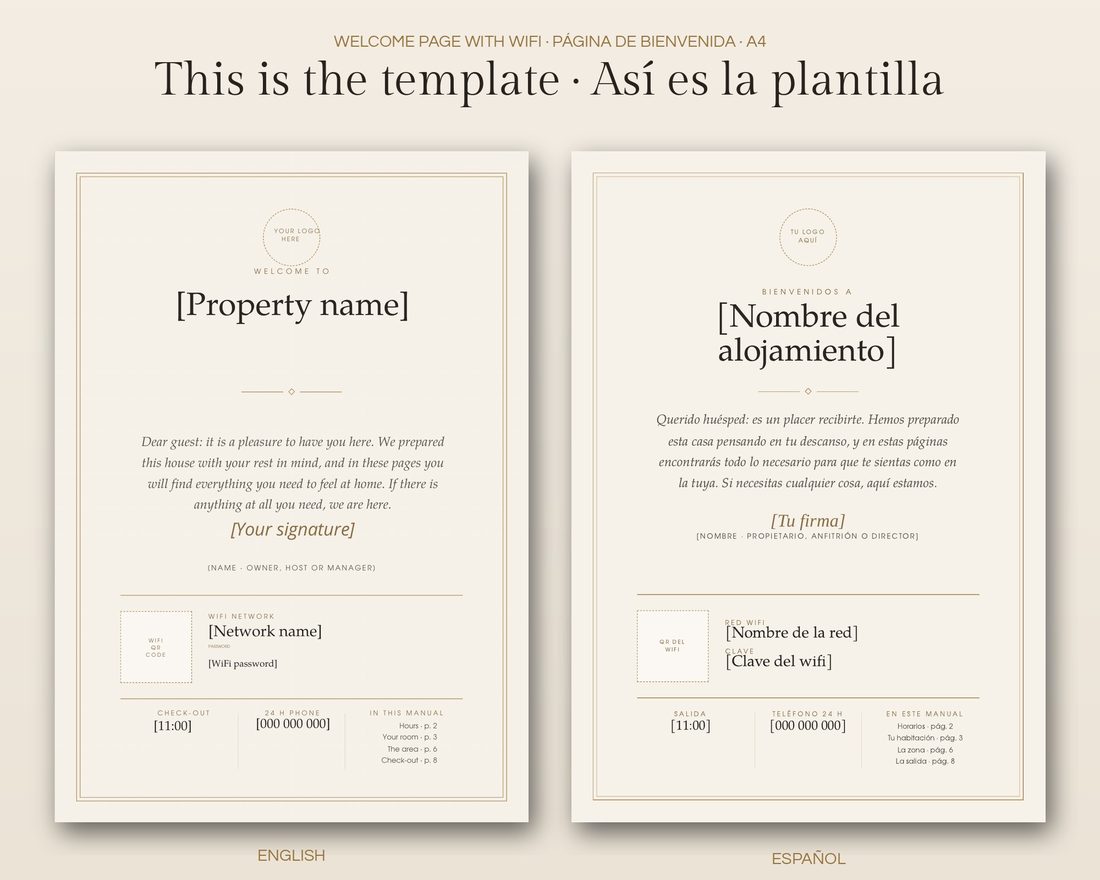Plantilla de bienvenida con wifi para alojamientos, en inglés y en español